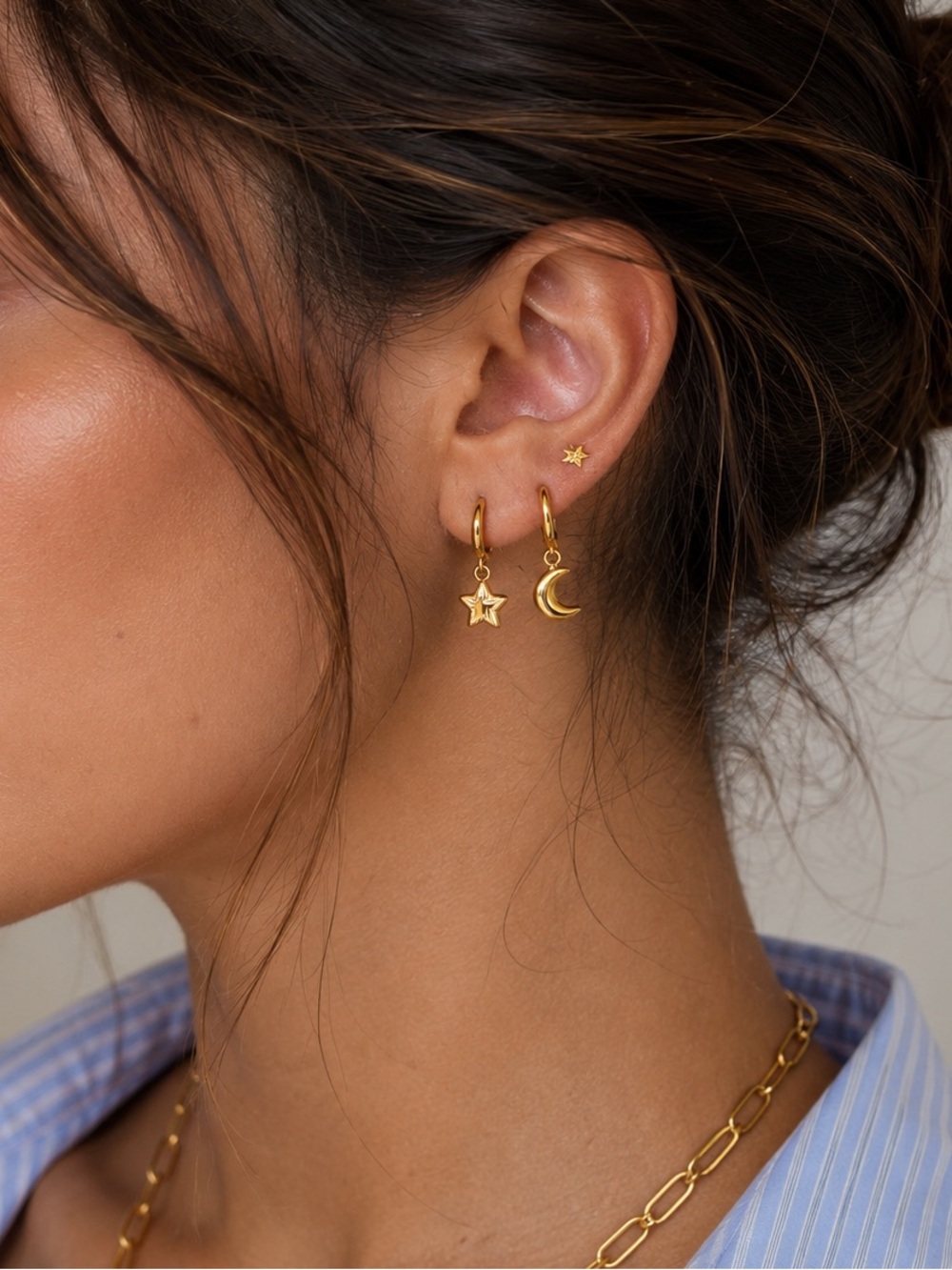 3 Pairs | 18K Gold Plated Star & Moon Hoop Earrings Set